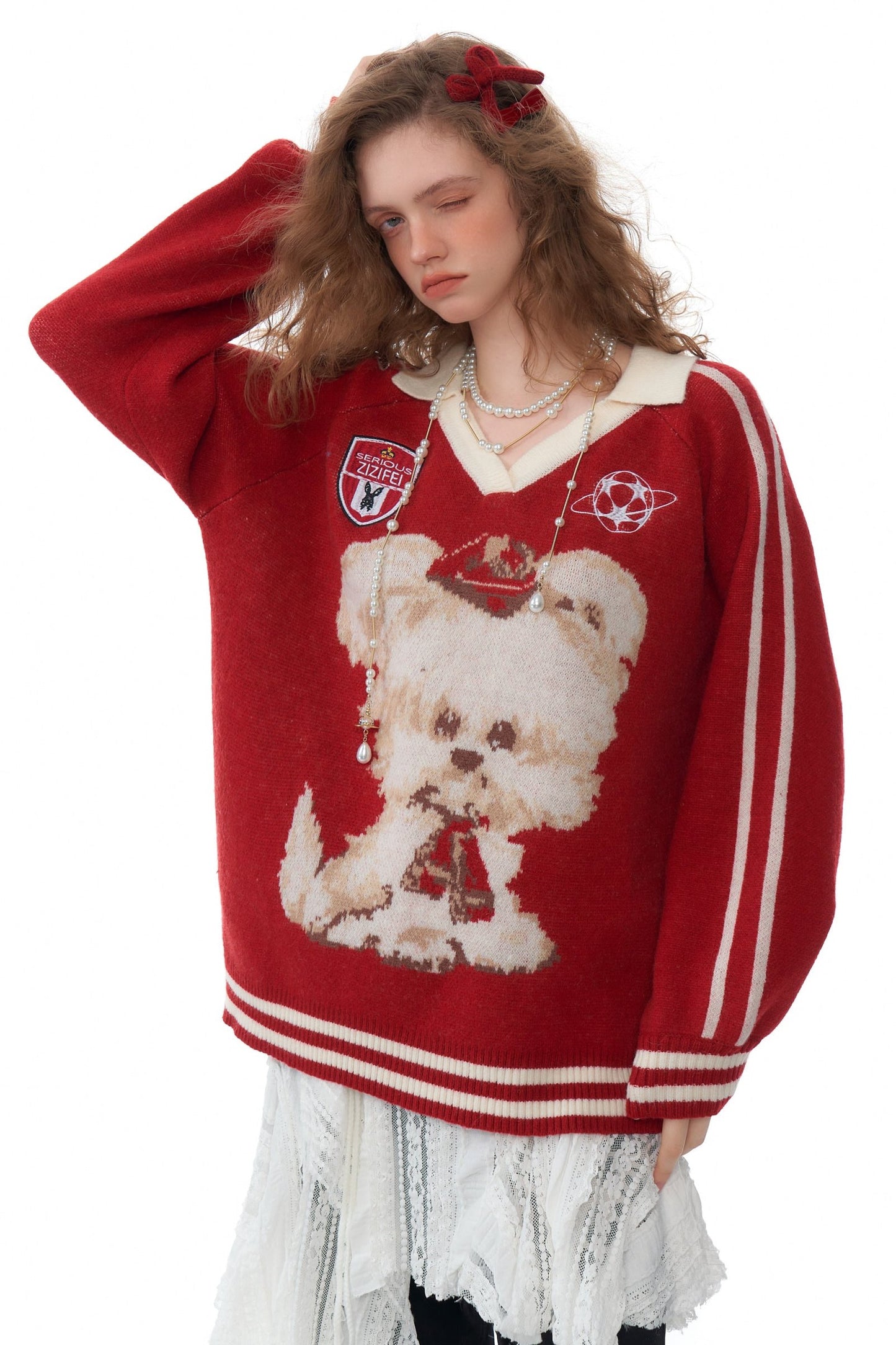 ziziFei autumn and winter american retro design sense poloV neck red shirt christmas sports style dog sweater women