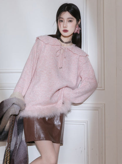 Fur edge lotus neck sweater