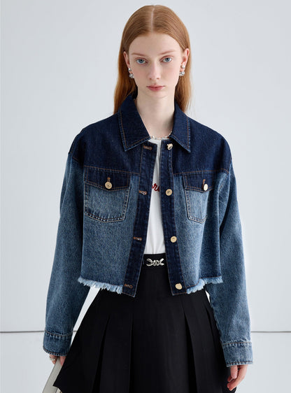 Color-blocked small denim short jacket