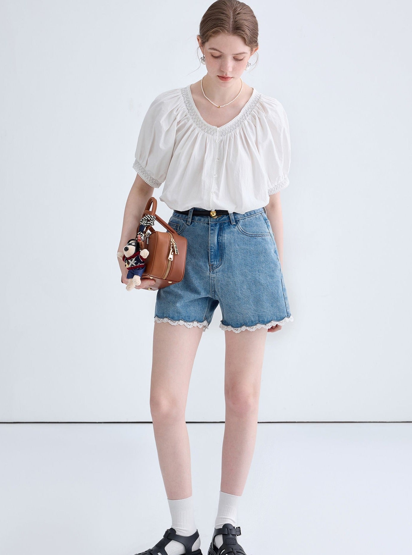 Lace Wash Denim Shorts