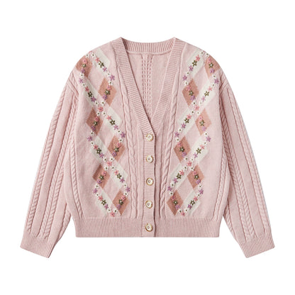 Crochet Retro Preppy V-Neck Knitted Cardigan