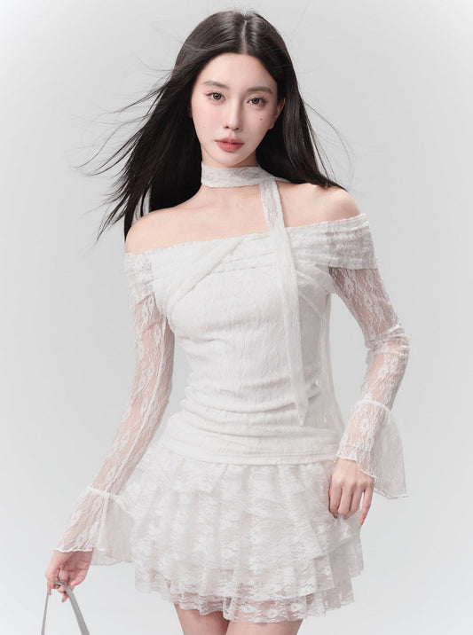 Moonlight lace knitted one-shoulder top set