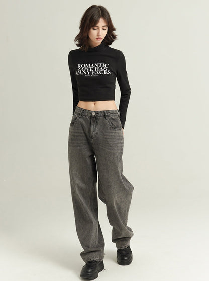 Turtleneck letters long sleeves crop tops