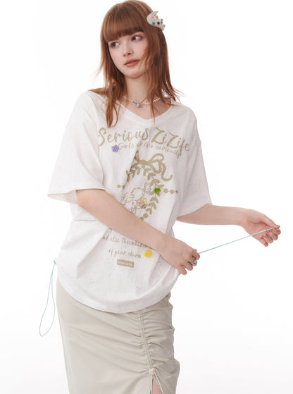 Flower Print V-Neck Drawstring Top