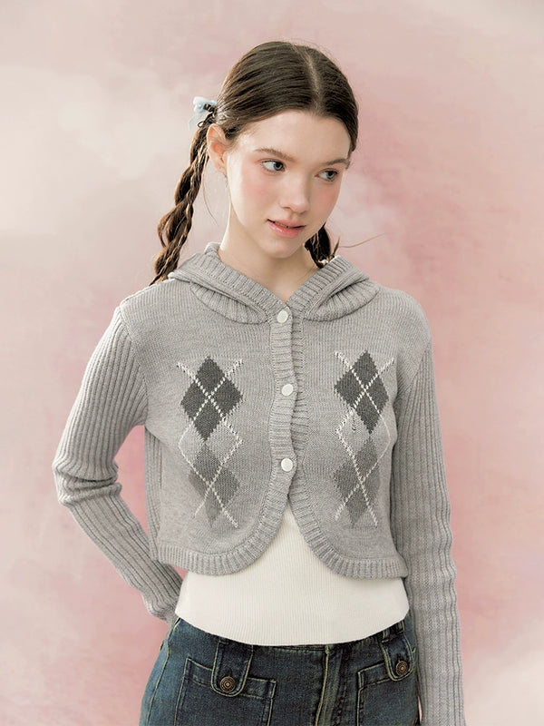 Short hooded checkered jacquard cardigan