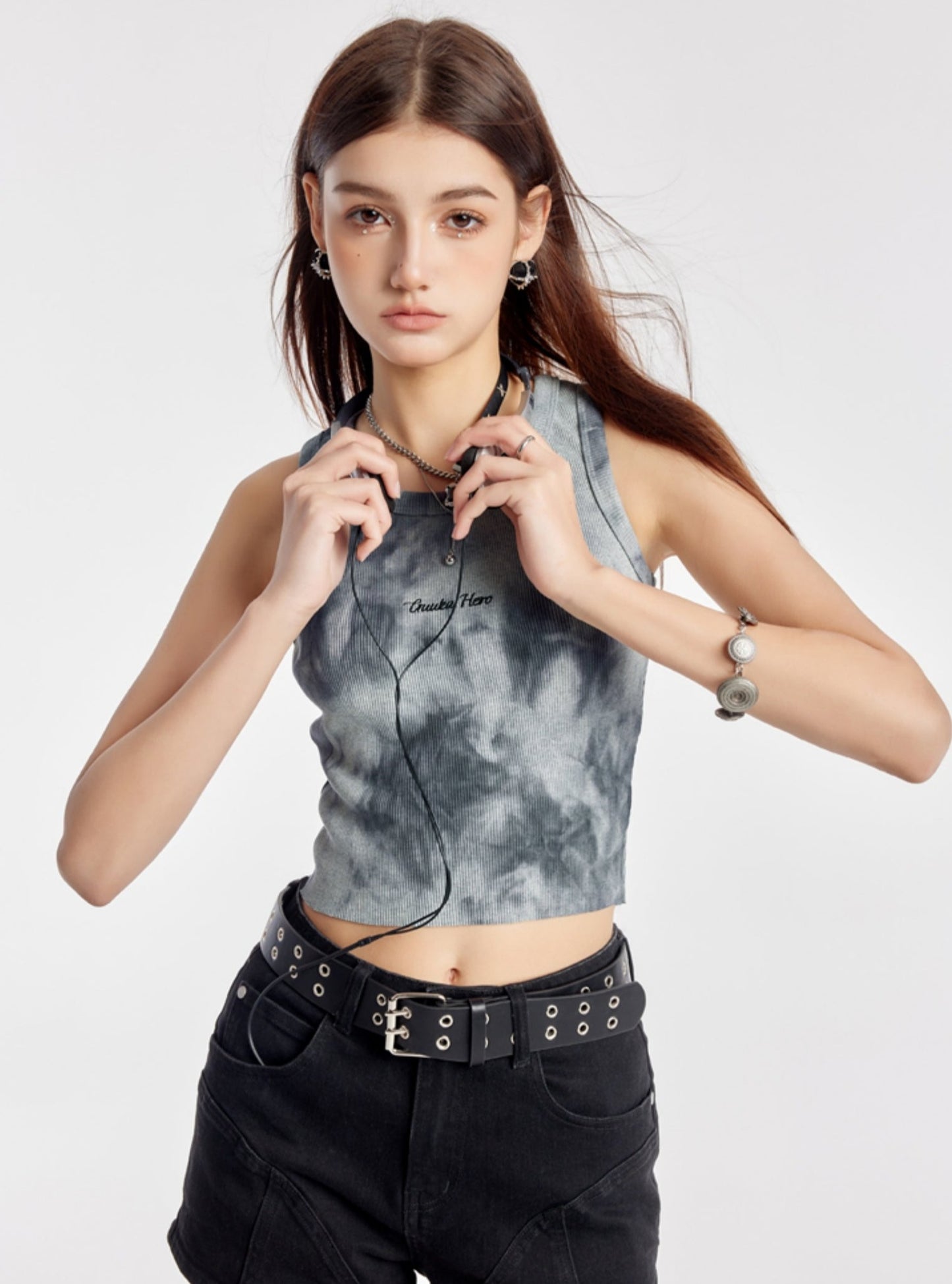 Retro Embroidery Slim Fit Tie-Dye Vest Top