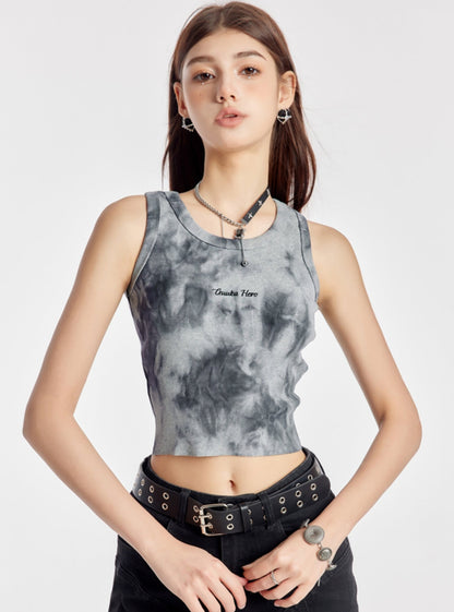 Retro Embroidery Slim Fit Tie-Dye Vest Top