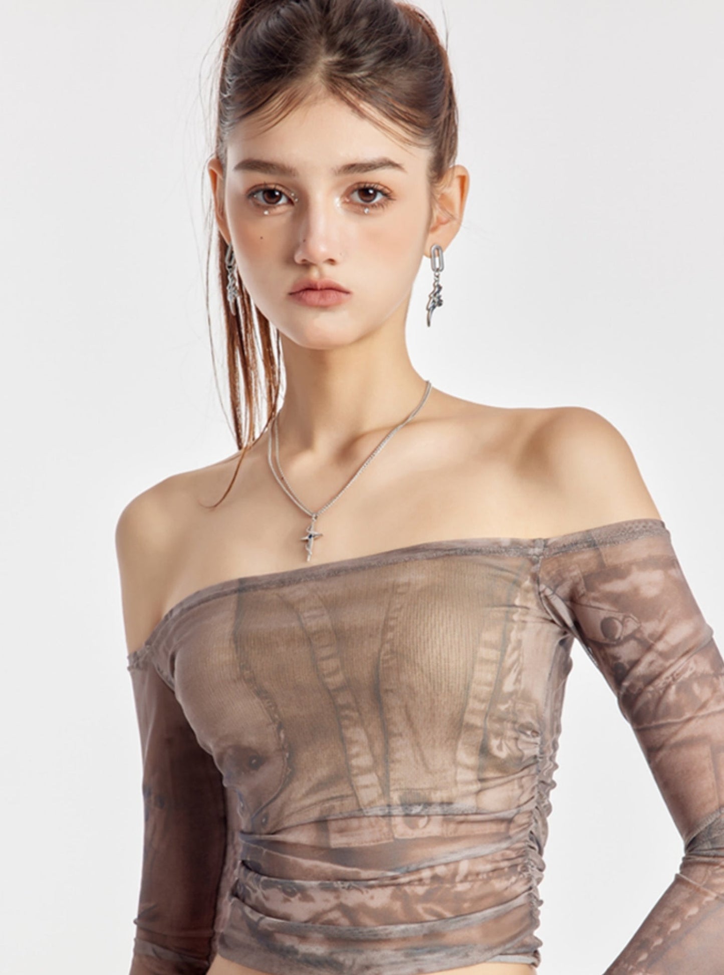 One-Shoulder Pleated Mesh Top