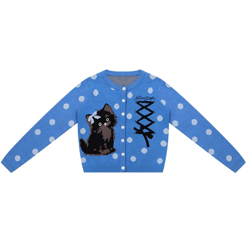 Blue Cat Polka Dot Knitted Cardigan