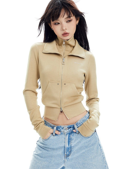 High Neck Double Zipper Cardigan Coat