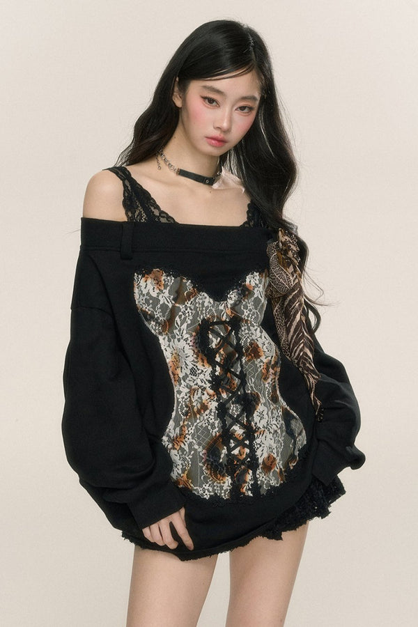 Paris Pictorial One-Shoulder Lace Sweatshirt Set