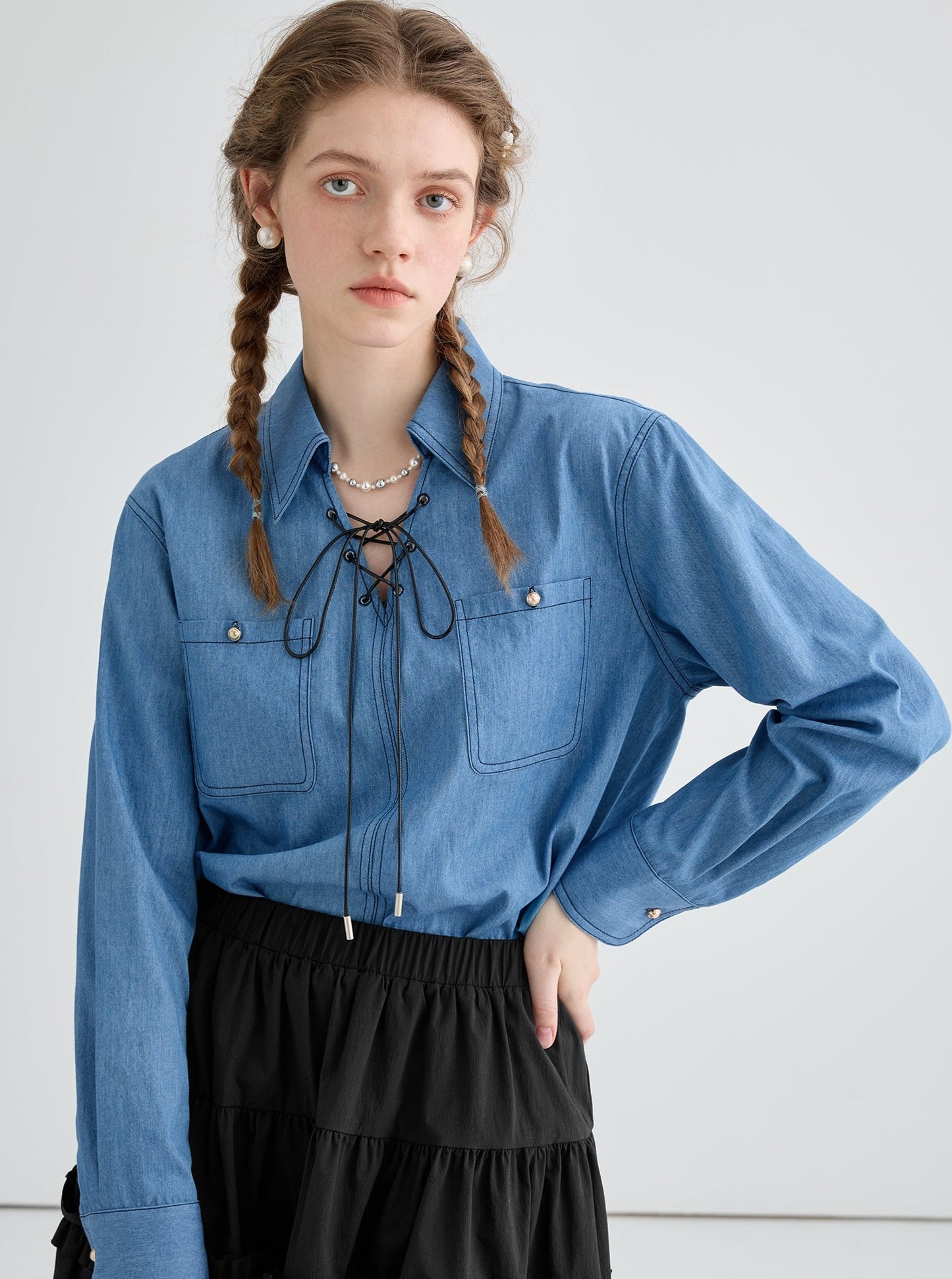 Retro denim lace-up shirt