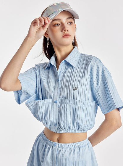 Sky Blue Elasticated Crop Shirt With Simple Skirt Set-Up