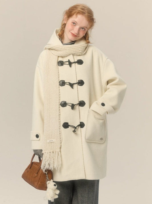 hooded mid-length horn button woolen coat