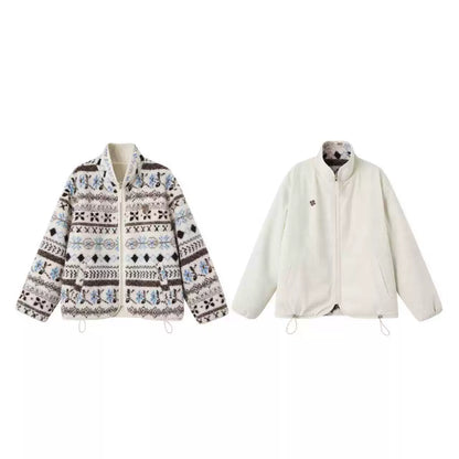 Fleece Jacquard Stand-Up Collar Coat