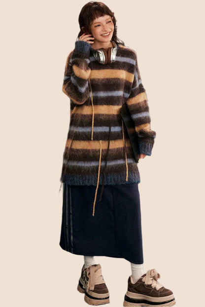 EZEK AMERIKANISCHEN RETRO LANGE QUASTE KONTRASTSTREIFEN RUNDHALSAUSSCHNITT PULLOVER FRAUEN HERBST NEUE LOSE FAULEN STIL STRICKEN