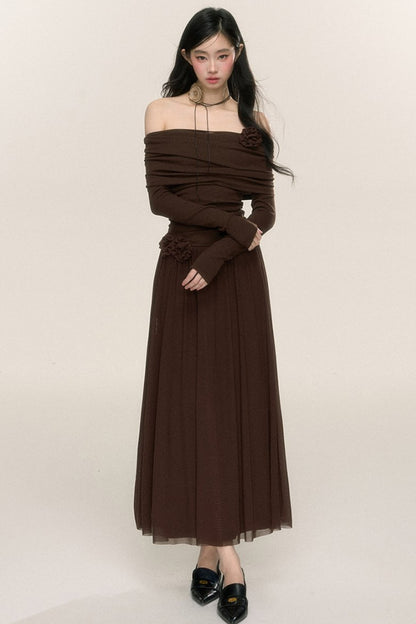 Long-Sleeve One-Shoulder Maxi Dress