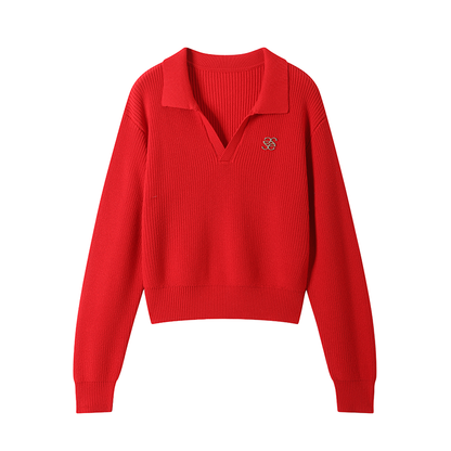 V-neck logo long-sleeved knit tops