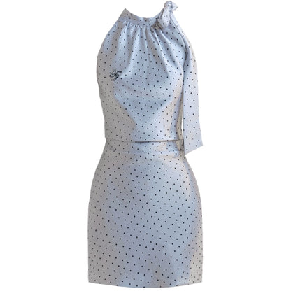 [In stock] fragile store - French bow tie polka dot dress waist commuter style off-the-shoulder skirt