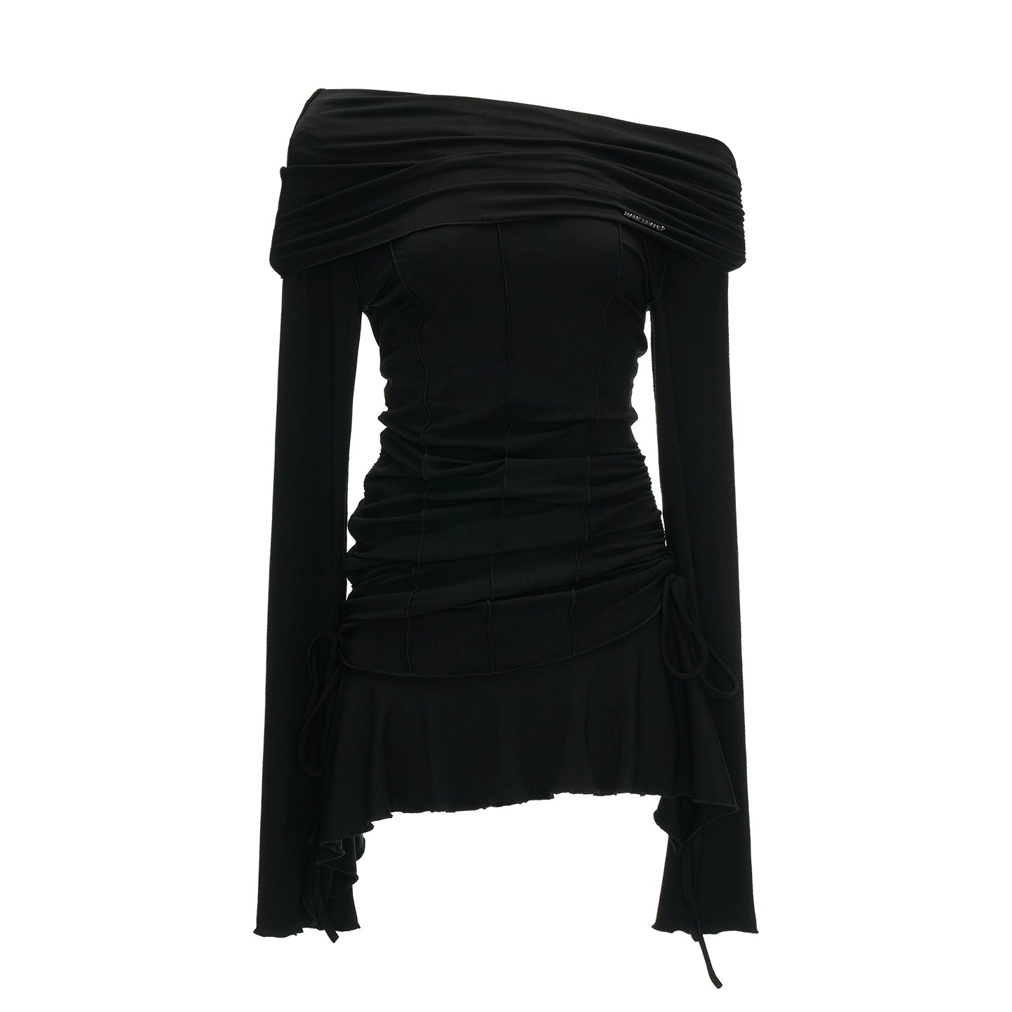 Slanted Pleated French Waist Long Sleeve Midi Dress