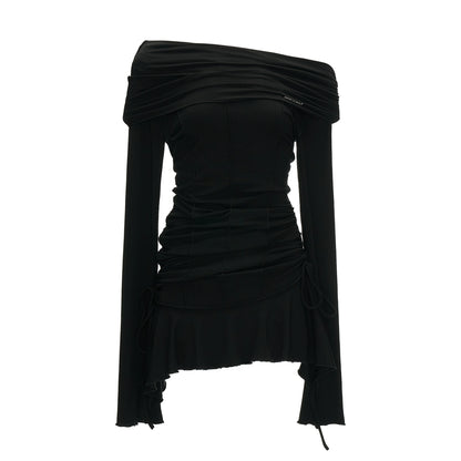 Slanted Pleated French Waist Long Sleeve Midi Dress