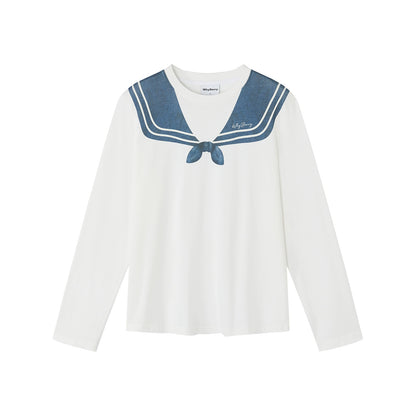 Navy Collar Print Long Sleeve Top