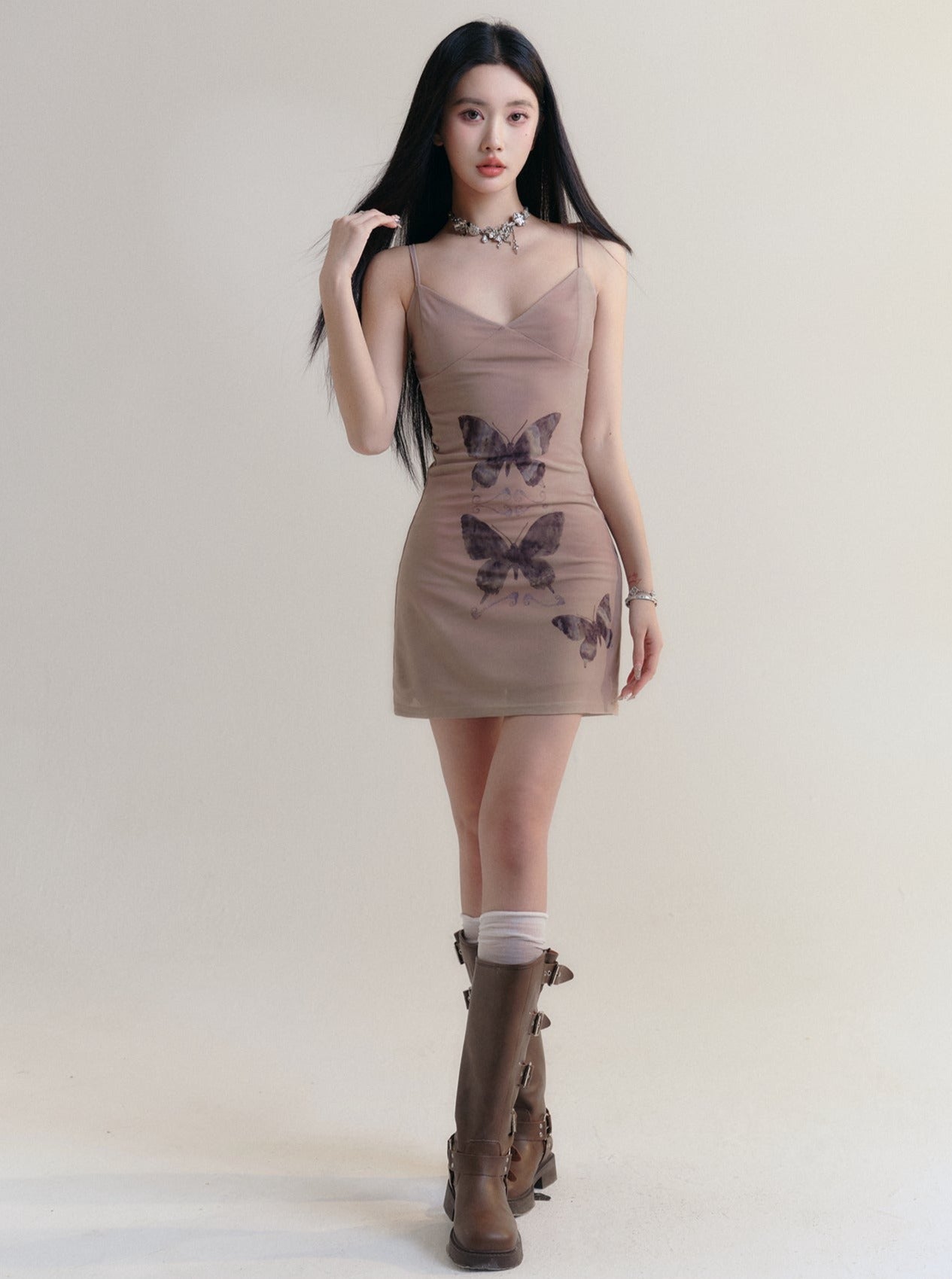 [Spot] fragile shop - crimson hot love hot girl sweet cool butterfly print slip dress slim dress