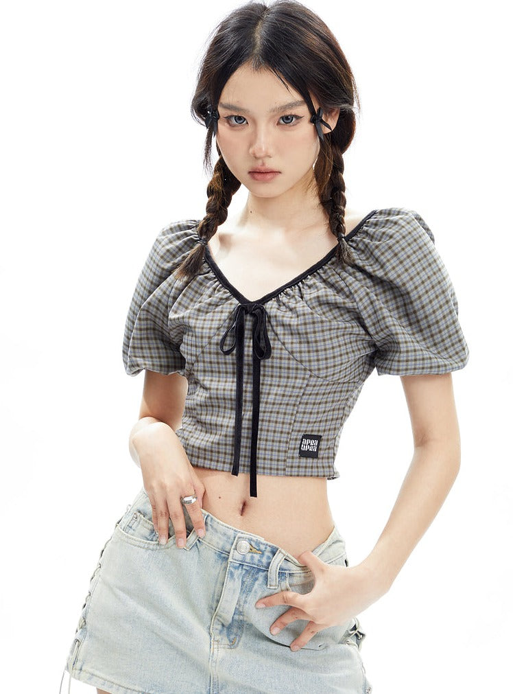 Bow Bubble Sleeve Plaid Short Shirt