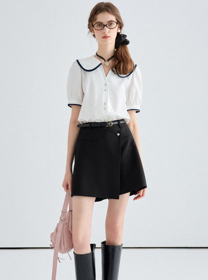 Elegant Contrast Lapel Short Sleeve Top