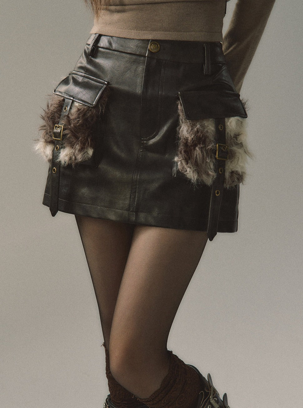 black fur patchwork leather skirt