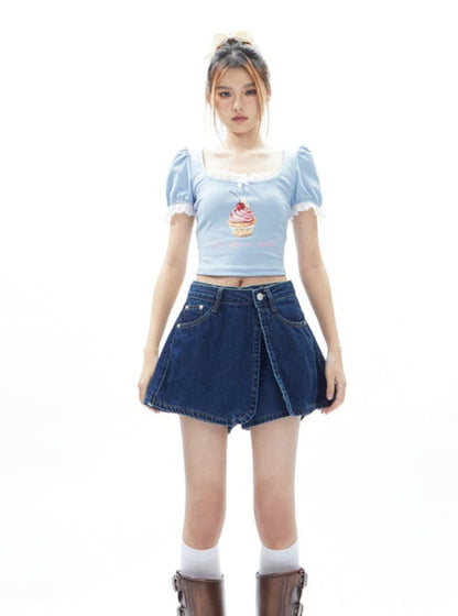 Denim Apron Shorts Two Piece Set