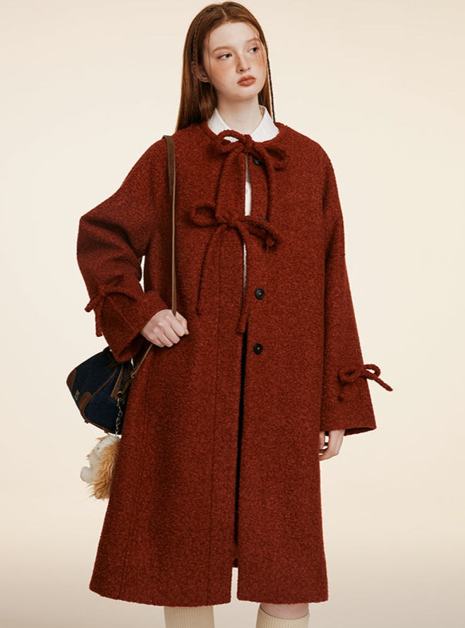 WHITE-RED HOOP TWEED WOOLEN COAT