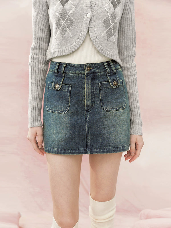 Retro color-blocked denim Set-up