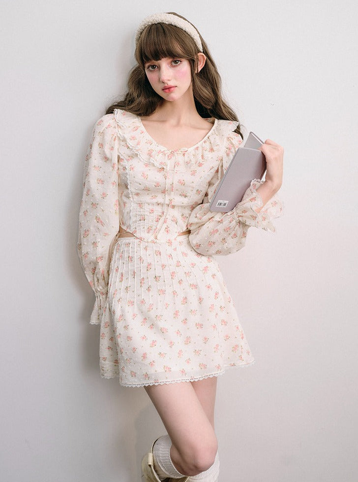 Floral long-sleeved shirt and skirt Set-up