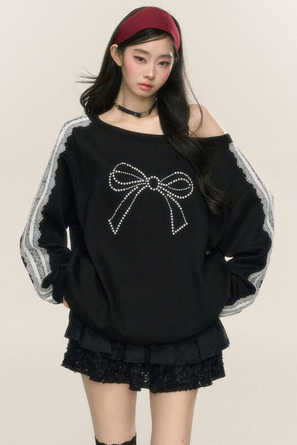 Slanted Shoulder Bow Loose Sweatshirt