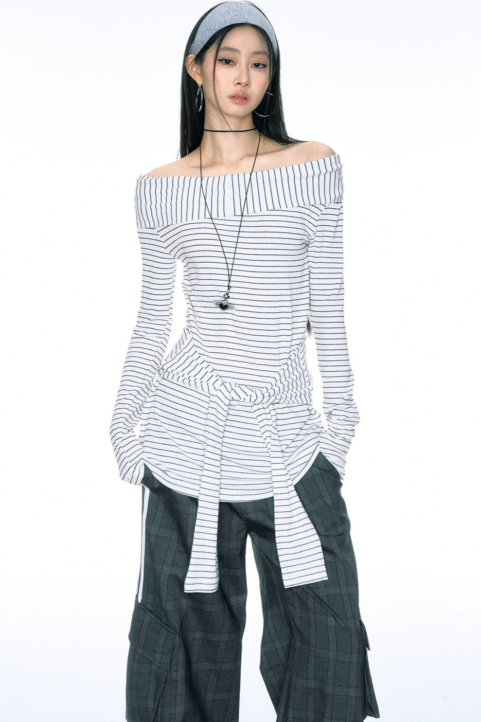 [Curriges September 26th New Arrivals] autumn and winter new one-shoulder striped waist tie long top