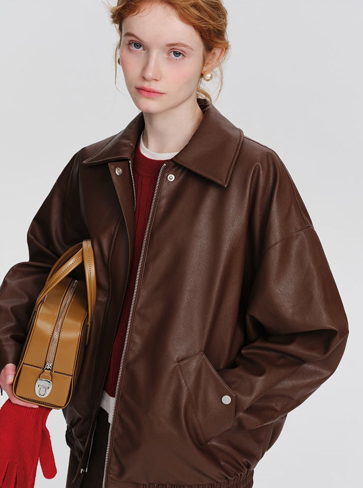 PU Brown Leather Coat