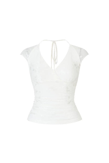 Viapitti Mesh Jacquard Lace Halter T-Shirt
