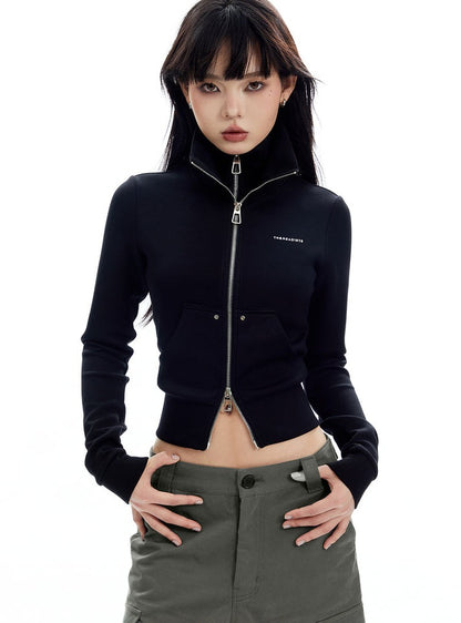 High Neck Double Zipper Cardigan Coat