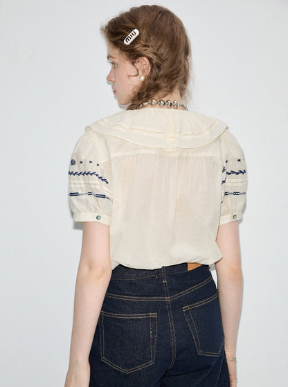 Embroidered Shirt & Denim Shorts Set-Up