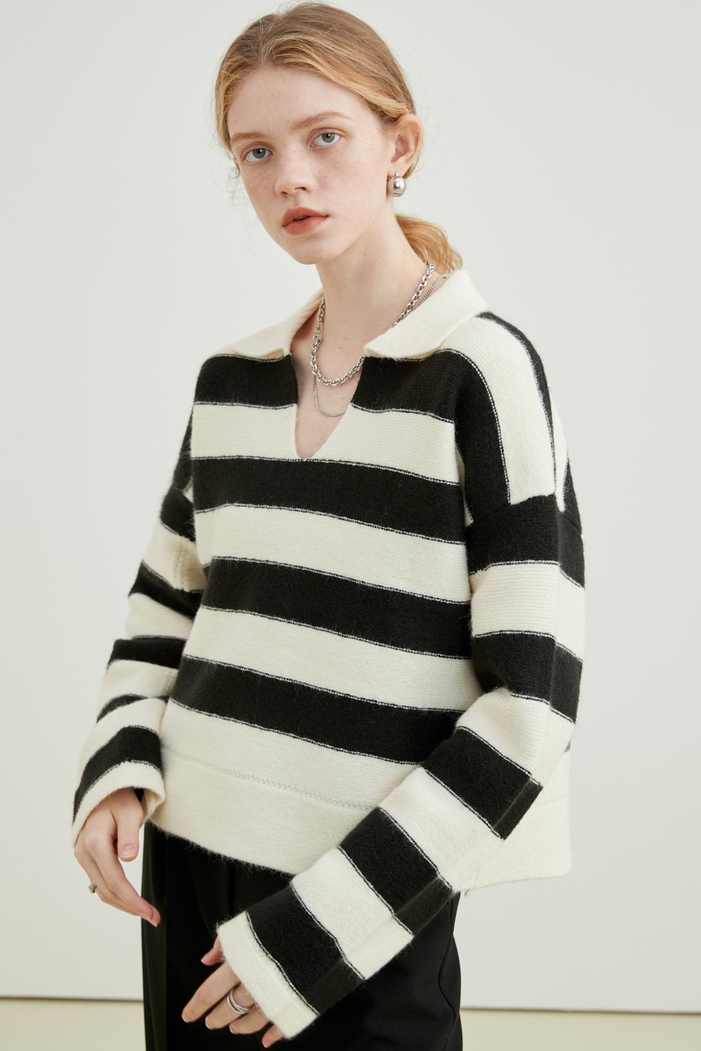 VEGA CHANG Sweater Women's Fall 2024 New Lazy Premium Polo Collar College Style Striped Knit