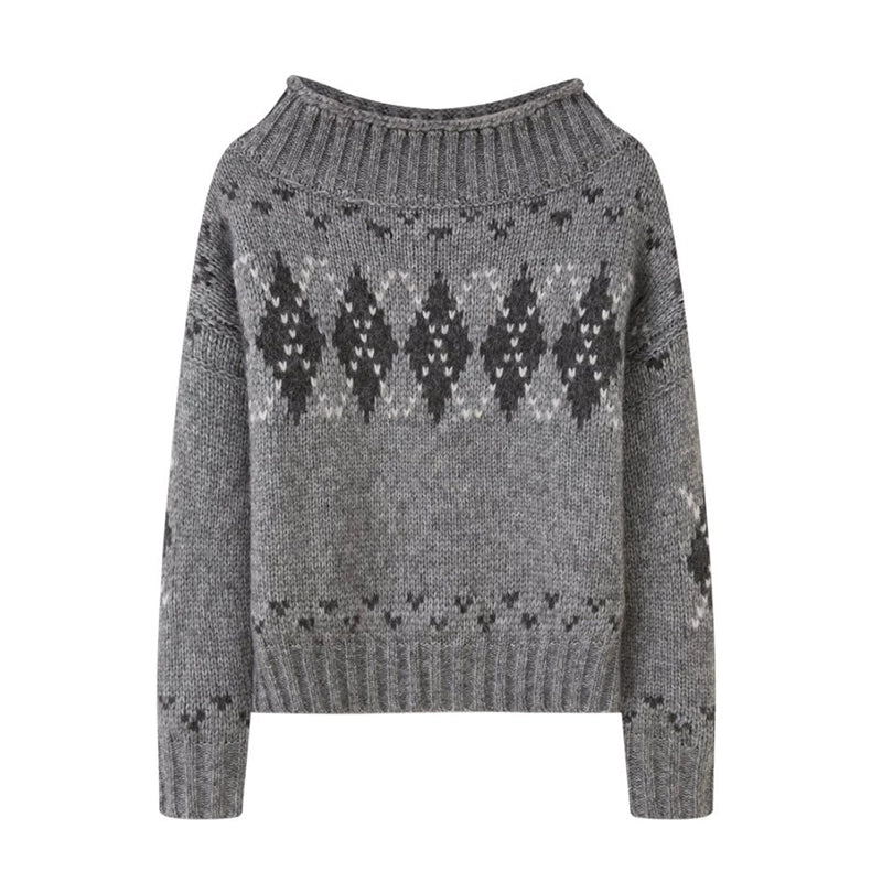 Thick Knit Argyle Off-Shoulder Sweater