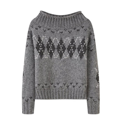 Thick Knit Argyle Off-Shoulder Sweater