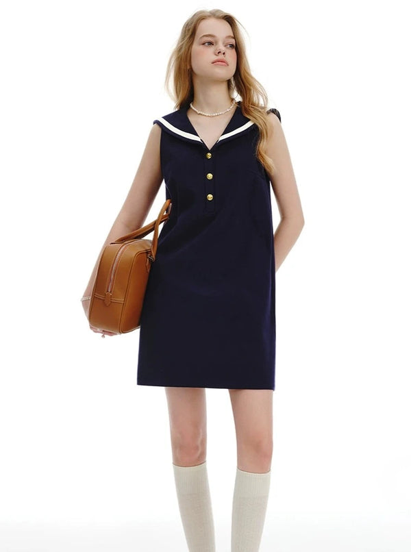 Designer Navy Shawl Collar A-Line Dress