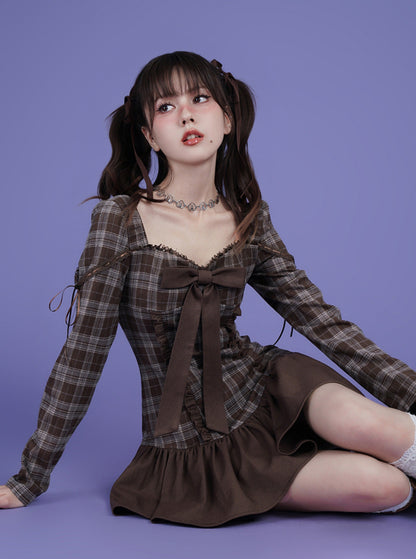 fighting spirit brown plaid bow dress