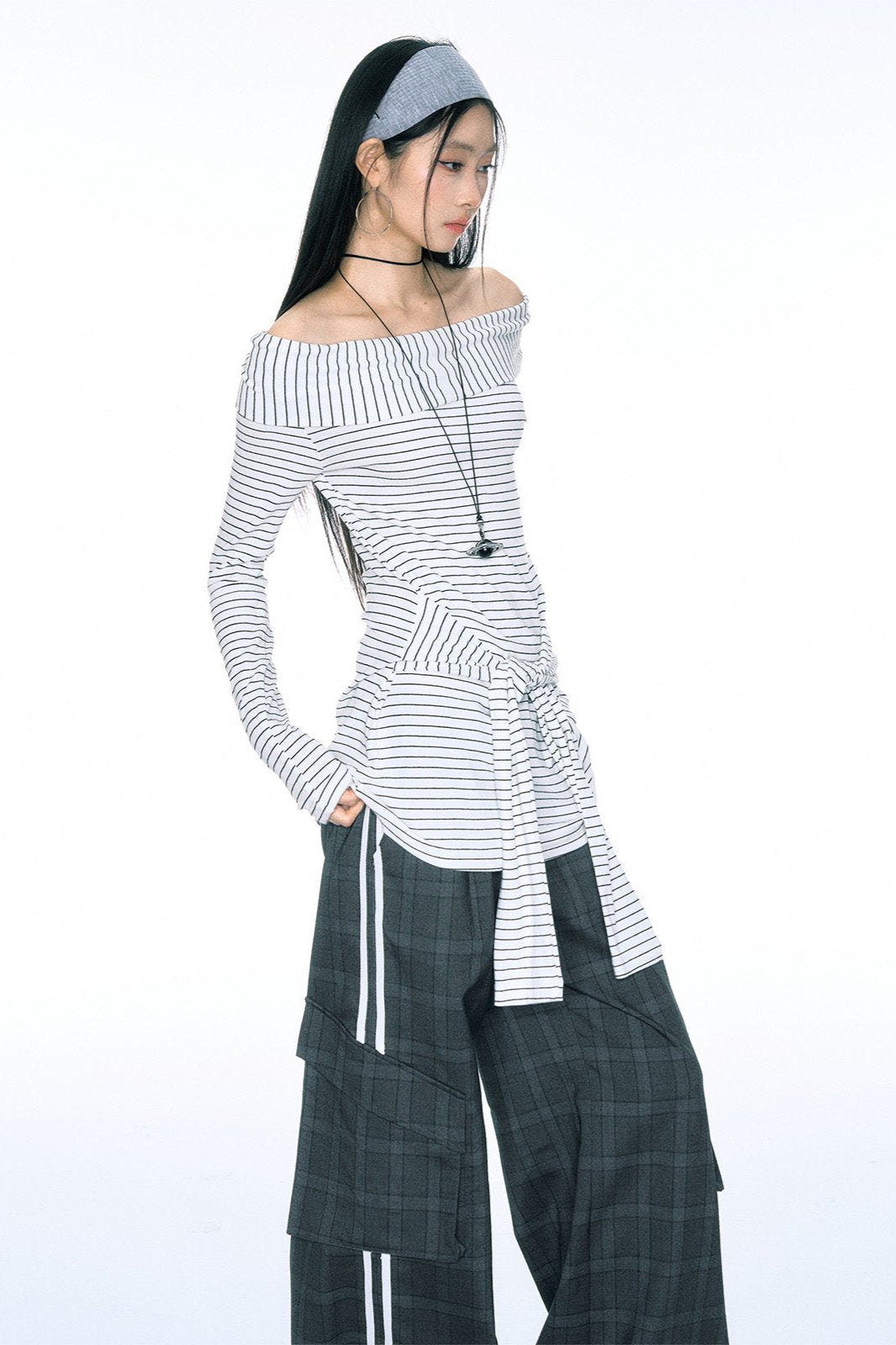 [Curriges September 26th New Arrivals] autumn and winter new one-shoulder striped waist tie long top