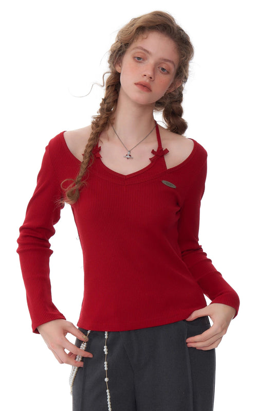 BOW HALTERNECK LONG SLEEVE KNITTED TOP