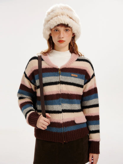 Retro Rainbow Stripe Wool Hooded Zipper Knitted Cardigan Coat