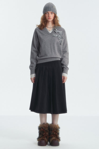 Bow Detail Checked V-Neck Jumper