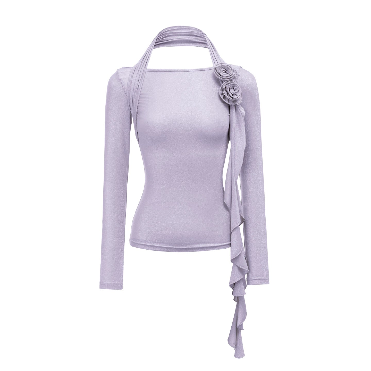 Entanglement Mesh Flower Pleated Off-the-Shoulder T-Shirt